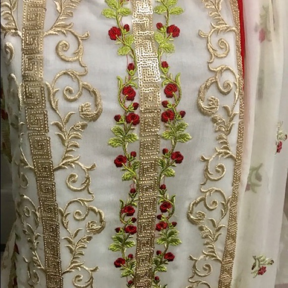 White georgette with light green and red work - Picture 2 of 3